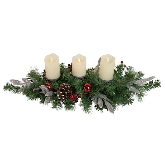 32&#x22; Frosted Pine Cone &#x26; Berries Artificial Christmas Candle Holder Centerpiece